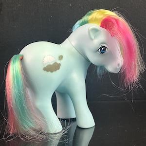 Può includere: Una statuetta di pony in plastica azzurra con criniera e coda arcobaleno multicolore. Il pony presenta sul fianco un simbolo che raffigura una nuvola bianca con un sole dorato parzialmente oscurato e ha occhi di colore blu.