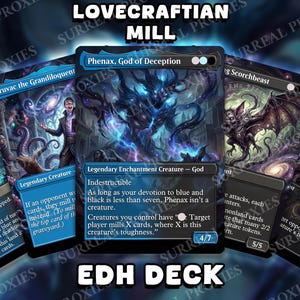 May include: A collection of fantasy trading cards featuring detailed illustrations and text. The cards showcase various creatures and characters, with the text "Phenax, God of Deception" prominently displayed. The words "EDH DECK" and "LOVECRAFTIAN MILL" are also visible.