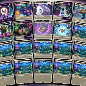 May include: A collection of fantasy-themed trading card game cards. The cards feature various illustrations, including creatures, landscapes, and text. The color palette includes purple, blue, green, and orange. Some cards have text that reads "Moonshaker Cavalry" and "Plains".