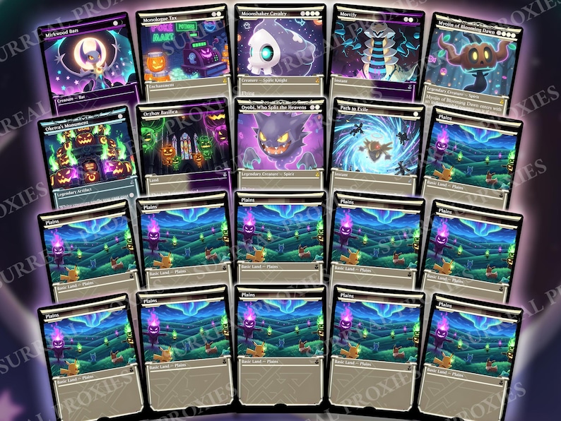 May include: A collection of fantasy-themed trading card game cards. The cards feature various illustrations, including creatures, landscapes, and text. The color palette includes purple, blue, green, and orange. Some cards have text that reads "Moonshaker Cavalry" and "Plains".