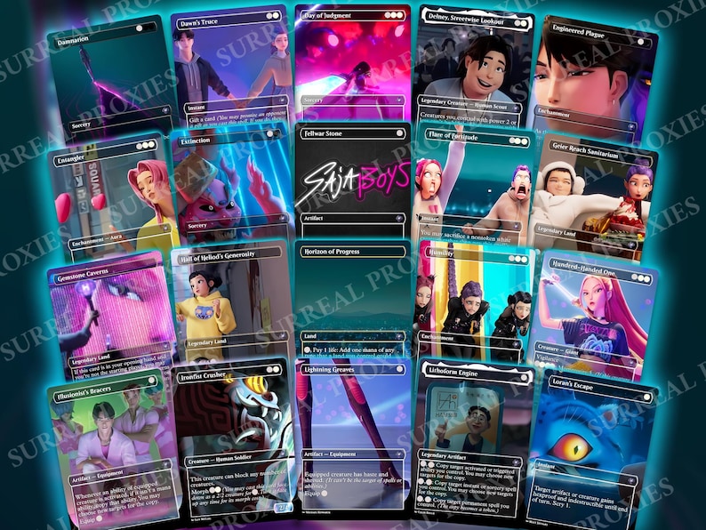May include: A collection of custom trading cards featuring stylized artwork and text. The cards showcase various characters and scenes with vibrant colors and unique designs. The text "SajA Boys" is visible on one of the cards.