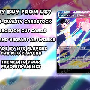 May include: A Magic: The Gathering card featuring Avacyn, Angel of Hope, with a vibrant anime-style illustration. The card has a black border and includes text such as "Flying, vigilance, indestructible." The image also includes text: "Why buy from us?" and "Themed to your favorite animes."