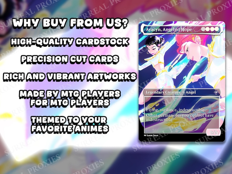 May include: A Magic: The Gathering card featuring Avacyn, Angel of Hope, with a vibrant anime-style illustration. The card has a black border and includes text such as "Flying, vigilance, indestructible." The image also includes text: "Why buy from us?" and "Themed to your favorite animes."