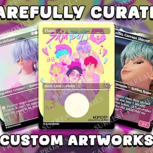 May include: Custom artwork cards featuring illustrations of anime-style characters. The cards have a yellow, pink, and purple color scheme with the text "CAREFULLY CURATED" and "CUSTOM ARTWORKS". The cards are labeled "Plains", "Rashida Scalebane", and "Cotho, Corrupt Shirriff".
