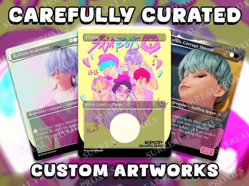 May include: Custom artwork cards featuring illustrations of anime-style characters. The cards have a yellow, pink, and purple color scheme with the text "CAREFULLY CURATED" and "CUSTOM ARTWORKS". The cards are labeled "Plains", "Rashida Scalebane", and "Cotho, Corrupt Shirriff".