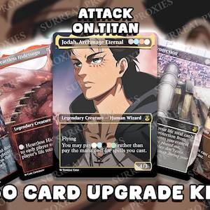 Könnte beinhalten: Eine Sammlung von Sammelkarten zum Thema "Attack on Titan". Die zentrale Karte zeigt Jodah, Archmage Eternal. Weitere Karten sind "Heartless Hidetsugu" und "Drinker Dared". Der Text "60 Card Upgrade Kit" ist ebenfalls enthalten.