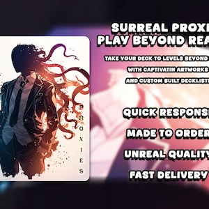 K&ouml;nnte beinhalten: Eine Spielkarte mit einer surrealen Illustration einer Figur im Anzug mit Tentakeln. Die Karte tr&auml;gt den Text "SURREAL PROXIES" und "PLAY BEYOND REALITY". Zus&auml;tzlicher Text enth&auml;lt "QUICK RESPONSE", "MADE TO ORDER", "UNREAL QUALITY" und "FAST DELIVERY".