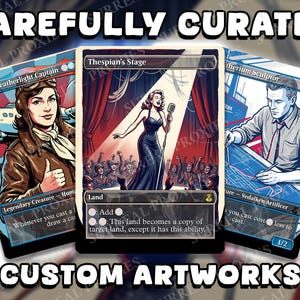 May include: Three rectangular trading cards featuring custom illustrations. The left card shows a pilot, the center card depicts a singer on stage with a microphone, and the right card shows a person drafting at a desk. The text reads CAREFULLY CURATED CUSTOM ARTWORKS.