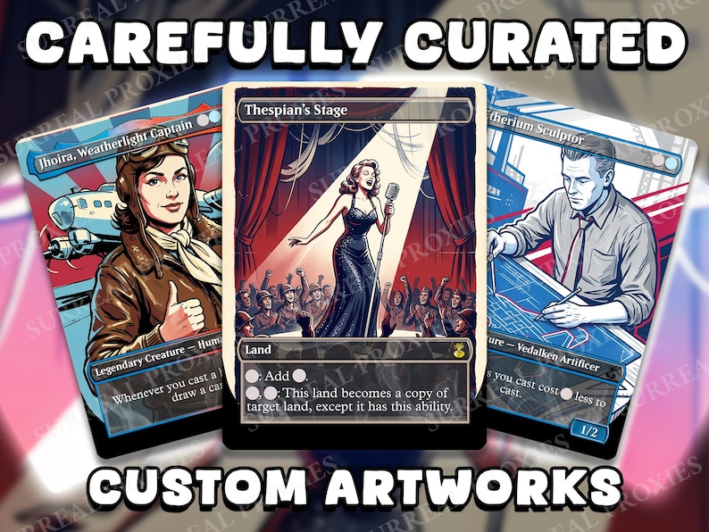 May include: Three rectangular trading cards featuring custom illustrations. The left card shows a pilot, the center card depicts a singer on stage with a microphone, and the right card shows a person drafting at a desk. The text reads CAREFULLY CURATED CUSTOM ARTWORKS.