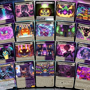 May include: A collection of Magic: The Gathering cards with a Halloween theme. The cards feature various spooky illustrations in shades of purple, black, and orange. Some cards have text, and the overall design is dark and detailed.