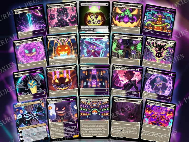 May include: A collection of Magic: The Gathering cards with a Halloween theme. The cards feature various spooky illustrations in shades of purple, black, and orange. Some cards have text, and the overall design is dark and detailed.