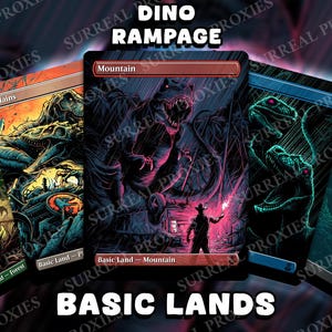 May include: A collection of five rectangular trading cards featuring dinosaur illustrations. The cards display text including DINO RAMPAGE, BASIC LANDS, Plains, Mountain, Forest, and Swamp. The artwork uses vibrant colors like green, orange, red, and blue.