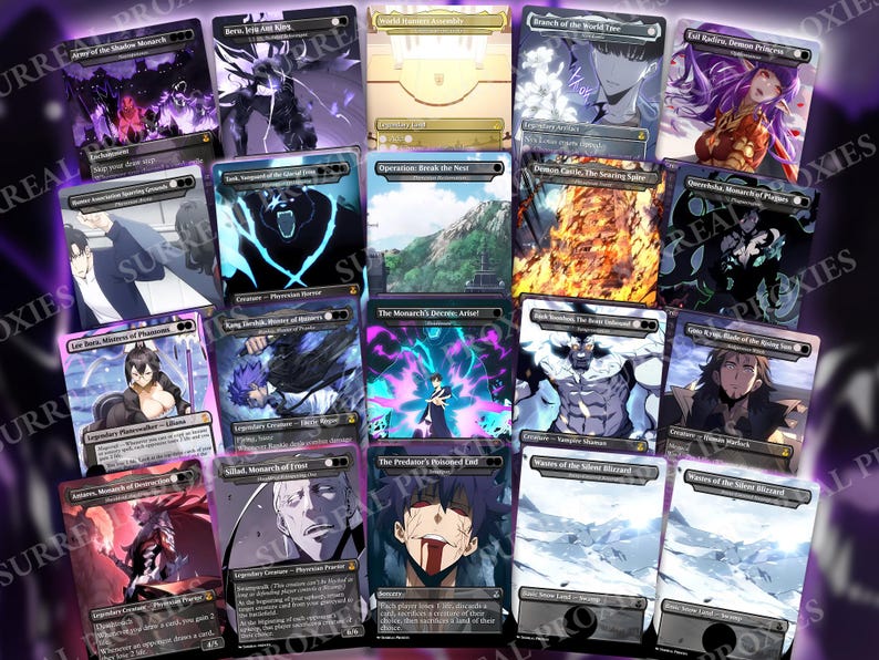 Puede incluir: Una colecci&oacute;n de cartas de juego de cartas coleccionables de fantas&iacute;a. Cada carta presenta ilustraciones y texto &uacute;nicos, con una variedad de personajes y escenas. Las cartas tienen una est&eacute;tica oscura y estilizada con colores vibrantes e ilustraciones detalladas.