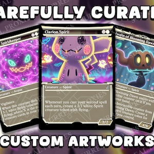 May include: Three custom artwork cards with fantasy creature illustrations. The cards feature a purple glowing spirit, a Mimikyu-inspired character, and a tree-like spirit. The text "CAREFULLY CURATED" and "CUSTOM ARTWORKS" are displayed.