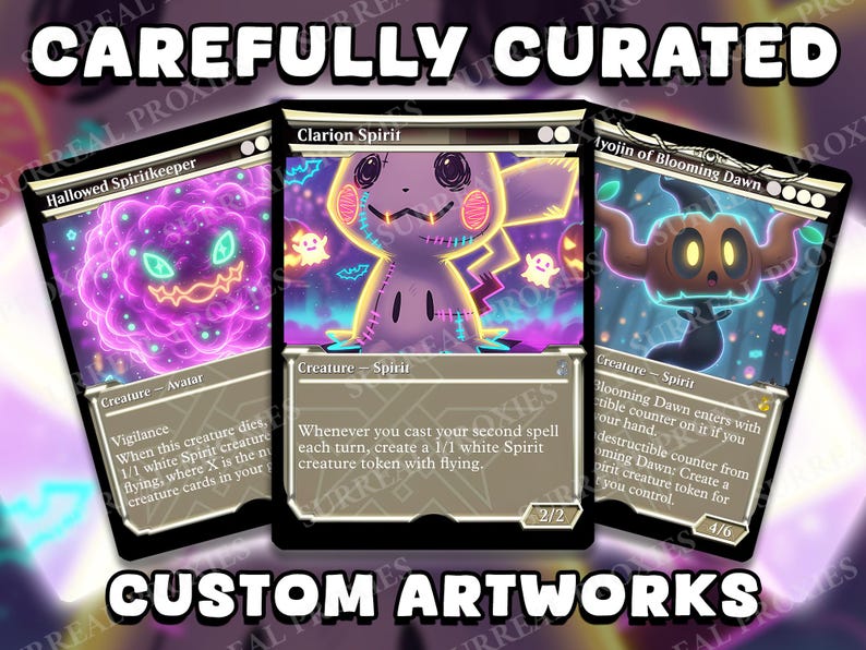 May include: Three custom artwork cards with fantasy creature illustrations. The cards feature a purple glowing spirit, a Mimikyu-inspired character, and a tree-like spirit. The text "CAREFULLY CURATED" and "CUSTOM ARTWORKS" are displayed.