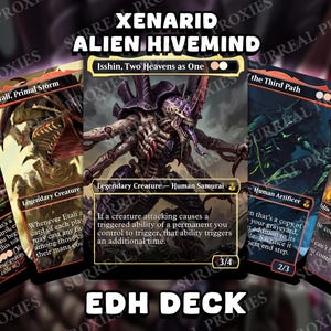 May include: A collection of fantasy trading cards featuring various creatures and characters. The cards display vibrant artwork and text, with the words "XENARID ALIEN HIVEMIND" and "EDH DECK" prominently displayed.