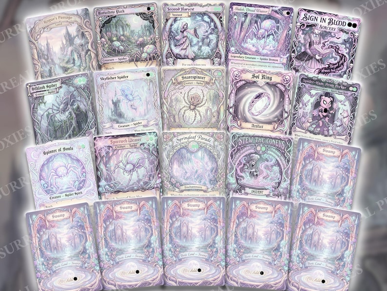 May include: A collection of fantasy-themed trading cards with intricate illustrations in shades of purple, blue, and white. The cards feature various creatures, landscapes, and spells, with text labels and decorative borders. The cards are arranged in a visually appealing layout.