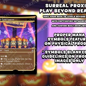 May include: A custom-built card featuring a Halloween theme with jack-o'-lanterns and ghosts. The card reads "The Gold Saucer" and includes text about the game's rules. The background is a purple gradient with the text "Surreal Proxies Play Beyond Reality".