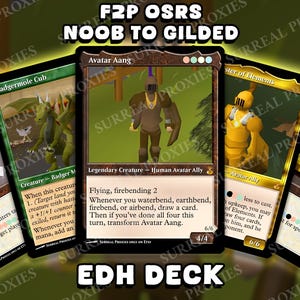 May include: A collection of custom trading cards featuring fantasy characters and text. The cards have a variety of colors, including green, brown, and gold. The text on the cards includes the phrases "Avatar Aang" and "EDH DECK".