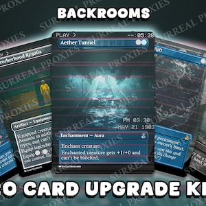 May include: Five trading card game cards with a dark, surreal design. The cards feature text and graphics, including the words "Backrooms" and "20 Card Upgrade Kit." The central card displays a tunnel scene.