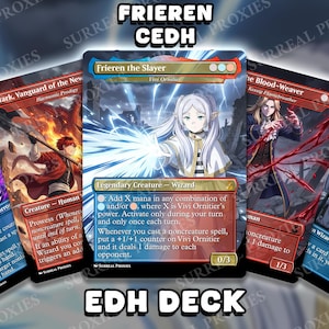 May include: A set of custom Magic: The Gathering cards with anime-style illustrations. The central card, "Frieren the Slayer," depicts a female wizard. Other cards include "Stark, Vanguard of the New" and "The Blood-Weaver." The text "EDH DECK" is visible.