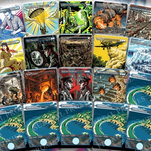 May include: A collection of seventeen rectangular trading cards featuring diverse illustrations including military scenes, industrial settings, and coastal landscapes. Each card displays unique artwork with varied color palettes, text labels, and game-related symbols.