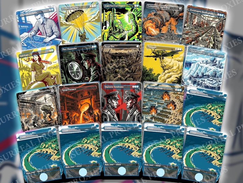 May include: A collection of seventeen rectangular trading cards featuring diverse illustrations including military scenes, industrial settings, and coastal landscapes. Each card displays unique artwork with varied color palettes, text labels, and game-related symbols.