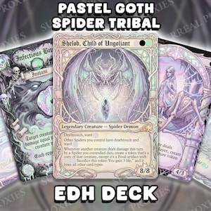 May include: A collection of pastel-colored fantasy trading cards with spider-themed illustrations. The cards feature text such as "Spider Demon" and "EDH DECK". The overall aesthetic is gothic and ethereal.