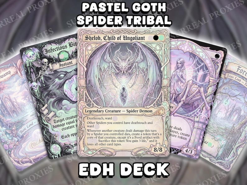 May include: A collection of pastel-colored fantasy trading cards with spider-themed illustrations. The cards feature text such as "Spider Demon" and "EDH DECK". The overall aesthetic is gothic and ethereal.