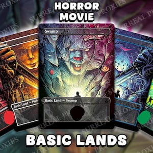 May include: A set of five rectangular trading cards titled HORROR MOVIE BASIC LANDS. The cards feature artistic illustrations of horror characters and scenes, including a clown, a masked figure, and a forest, with text labels like Swamp and Plains.