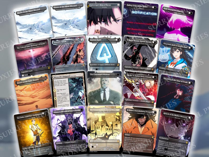 Puede incluir: Una colecci&oacute;n de cartas coleccionables ilustradas con diversas ilustraciones de fantas&iacute;a y dise&ntilde;os de personajes. Las cartas muestran t&iacute;tulos, nombres de personajes y texto relacionado con el juego. La paleta de colores incluye azules, morados, naranjas y blancos.