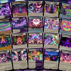 May include: A collection of fantasy trading cards with vibrant artwork. The cards feature various creatures, landscapes, and magical elements in a palette of purple, green, and orange. The cards are arranged on a dark background with a purple gradient.