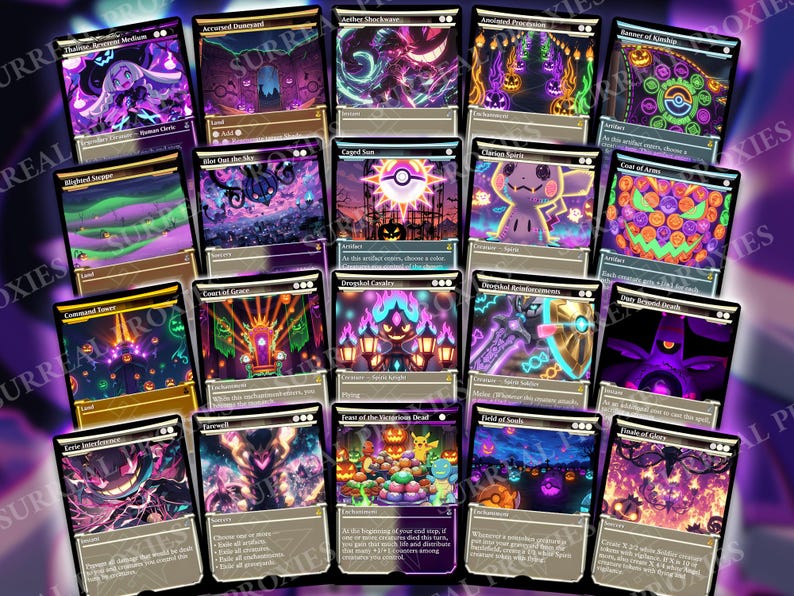 May include: A collection of fantasy trading cards with vibrant artwork. The cards feature various creatures, landscapes, and magical elements in a palette of purple, green, and orange. The cards are arranged on a dark background with a purple gradient.