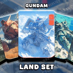 May include: A collection of Gundam-themed trading cards. The cards feature illustrations of various Gundam mecha in action, set against detailed backgrounds. The text "GUNDAM" and "LAND SET" are visible.