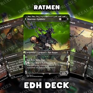 Może przedstawiać: Zestaw fantastycznych kart kolekcjonerskich z postaciami o tematyce szczurów i tekstem "RATMEN" i "EDH DECK". Karty mają szczegółowy, mroczny styl graficzny z zielonymi i czarnymi tonami. Jedna karta przedstawia stworzenie o nazwie "Marrow-Gnawer".