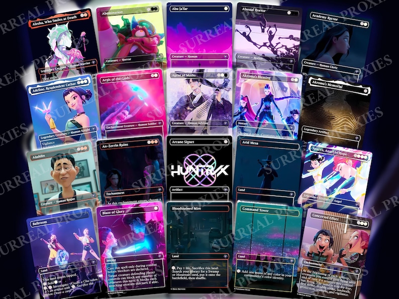 May include: A collection of fantasy art cards with various illustrations. The cards feature characters, landscapes, and abstract designs in vibrant colors. Some cards have text, including the word "HUNTRIX" and the phrase "SURREAL PROXIES".