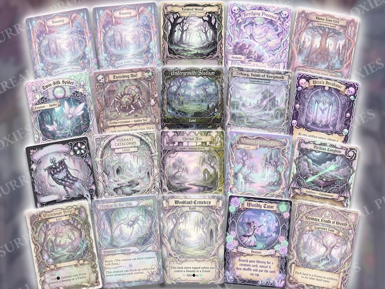 May include: A collection of fantasy-themed trading cards with intricate illustrations. The cards feature various landscapes, creatures, and spells in a soft, pastel color palette. Text on the cards includes titles like "Swamp," "Tainted Wood," and "Twin-Silk Spider."