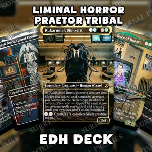 May include: A collection of five trading cards featuring surreal horror artwork and game text. The central card displays a figure in a suit with tentacles for a head in a bowling alley, titled Rukarumel, Biologist, with the text Liminal Horror Praetor Tribal EDH Deck.