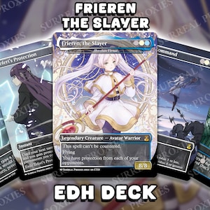 May include: A selection of custom EDH deck cards with anime-style illustrations. The central card shows "Frieren, the Slayer," a female character with white hair and a staff. Other cards include "Teferi's Protection" and "Command." The text "EDH DECK" is at the bottom.