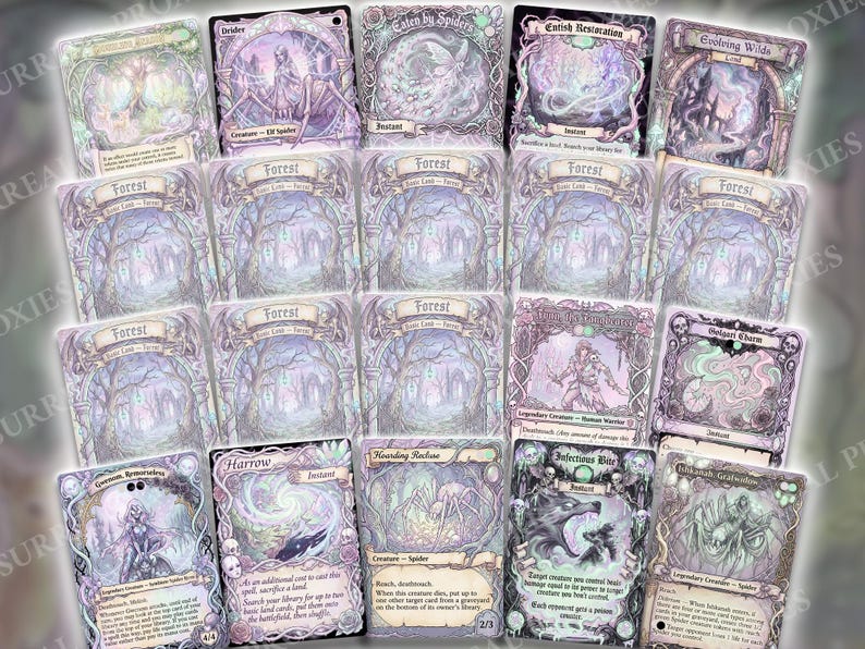 May include: A collection of fantasy-themed trading cards with intricate illustrations in shades of purple, green, and white. The cards feature various creatures, landscapes, and spells, with text labels and decorative borders. The cards are arranged in a grid.
