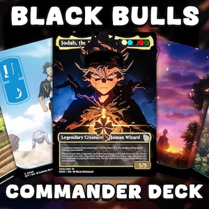 May include: A black and gold Magic: The Gathering card featuring an anime character with a four-leaf clover symbol. The card text reads "Jodah, the", "Legendary Creature Human Wizard", "Legendary creatures you control get +1/+1 for each other legendary creature you control.", "Whenever you cast a legendary spell from your hand, you may exile cards from the top of your library until you exile a legendary card and put it into your hand. Exile the rest.", "203/281 M", "DMU • EN • RYAN PANCAST", "5/5".