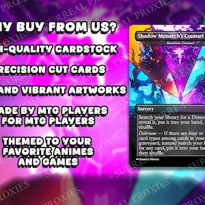 Puede incluir: Una carta de Magic: The Gathering con el texto "Shadow Monarch's Counsel" y un dise&ntilde;o vibrante y colorido. La carta presenta una descripci&oacute;n de hechizo de hechicer&iacute;a y el texto "&iquest;Por qu&eacute; comprar con nosotros?" con una lista de caracter&iacute;sticas.