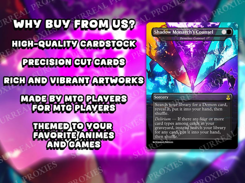 Puede incluir: Una carta de Magic: The Gathering con el texto "Shadow Monarch's Counsel" y un dise&ntilde;o vibrante y colorido. La carta presenta una descripci&oacute;n de hechizo de hechicer&iacute;a y el texto "&iquest;Por qu&eacute; comprar con nosotros?" con una lista de caracter&iacute;sticas.