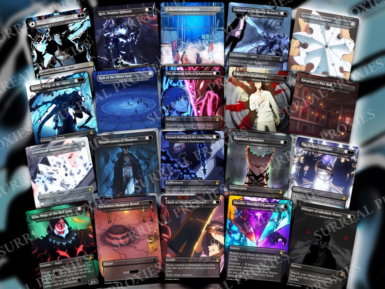Puede incluir: Una colecci&oacute;n de cartas coleccionables de fantas&iacute;a con varias ilustraciones y texto. Las cartas presentan una variedad de colores, incluyendo azul, morado y rojo, con ilustraciones detalladas y descripciones textuales. Las cartas est&aacute;n dispuestas en un collage.