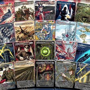 May include: A collection of twenty rectangular trading cards featuring diverse military and historical illustrations. Each card displays unique artwork, including figures like Uncle Sam, soldiers, naval ships, and industrial machinery, with text headers and game-related information printed on the top and bottom borders of each individual card.