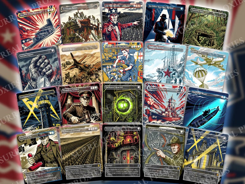 May include: A collection of twenty rectangular trading cards featuring diverse military and historical illustrations. Each card displays unique artwork, including figures like Uncle Sam, soldiers, naval ships, and industrial machinery, with text headers and game-related information printed on the top and bottom borders of each individual card.