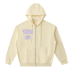 Op de afbeelding: Een lichtgele hoodie met ritssluiting en voorzakken. De hoodie heeft de tekst "SURREAL PROXIES" in paars en een bijpassend ontwerp op de linkerborst. De rits is zilver.
