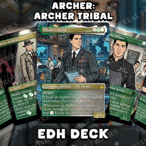 Könnte beinhalten: Eine Sammlung von individuell gestalteten Sammelkarten mit Charakteren aus der Zeichentrickserie Archer. Die Karten haben einen grünen Rand und enthalten Charakterillustrationen, Text und Statistiken. Der Text "EDH DECK" ist sichtbar.