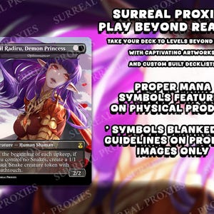 Puede incluir: Una carta coleccionable con un personaje femenino de pelo morado y ojos rojos, titulada "Esil Radiru, Demon Princess". La carta tiene un borde negro y texto que detalla las habilidades de la criatura. El fondo es morado y blanco borroso.