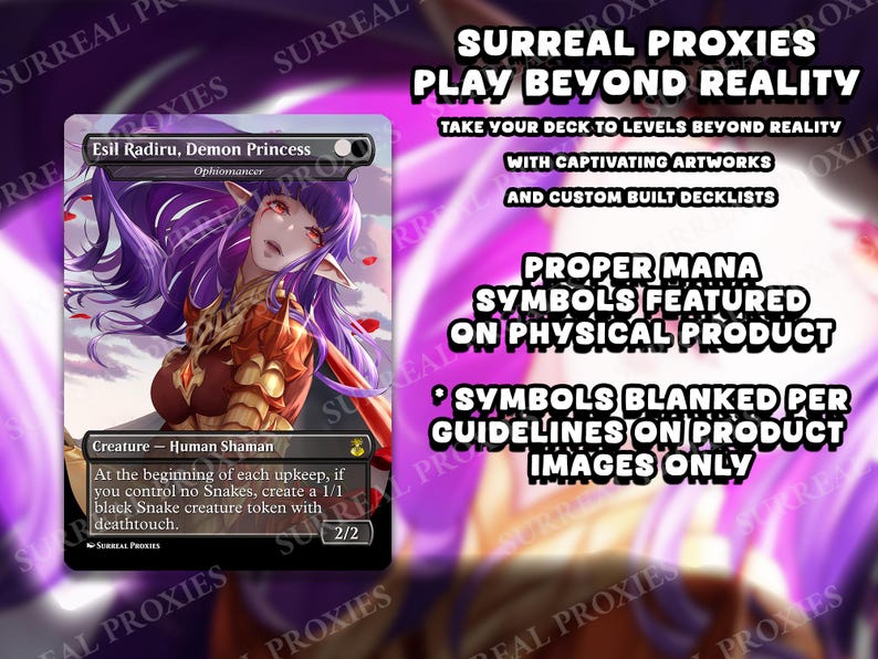 Puede incluir: Una carta coleccionable con un personaje femenino de pelo morado y ojos rojos, titulada "Esil Radiru, Demon Princess". La carta tiene un borde negro y texto que detalla las habilidades de la criatura. El fondo es morado y blanco borroso.